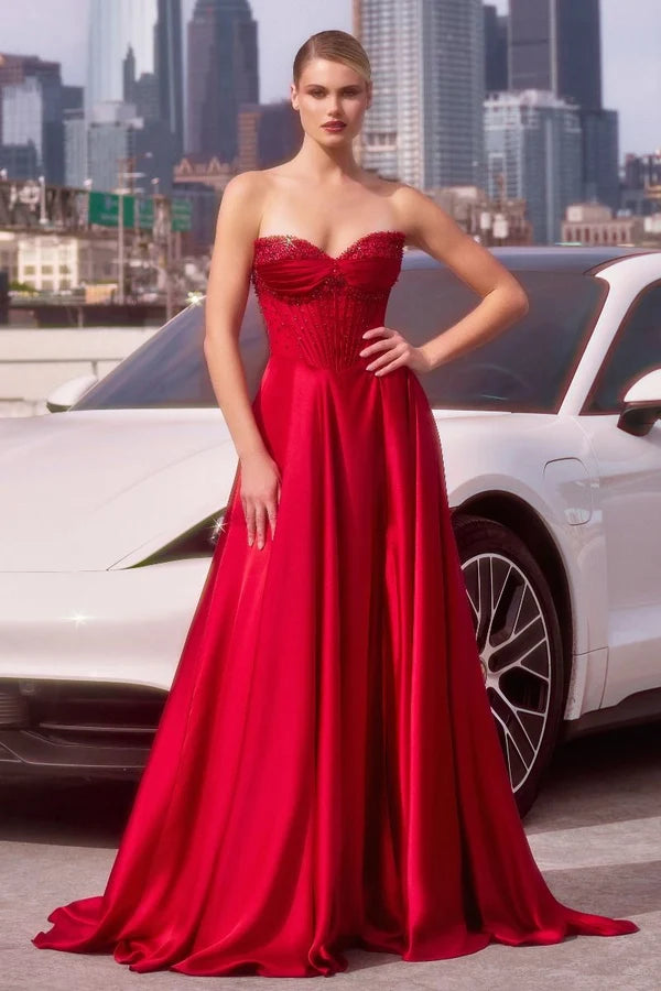 Red A-line Sweetheart Strapless Corset Back Full Length Prom Gown