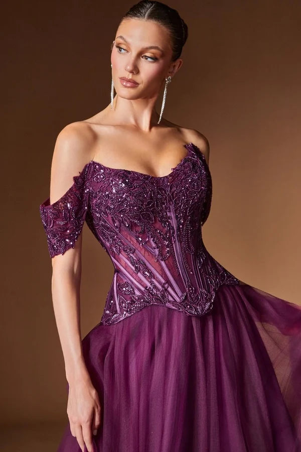 Plum A-line Sweetheart Off Shoulder Short Sleeve Laceup Floor Prom Gown