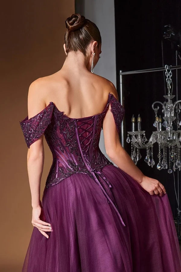Plum A-line Sweetheart Off Shoulder Short Sleeve Laceup Floor Prom Gown