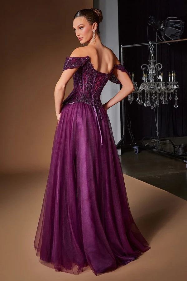 Plum A-line Sweetheart Off Shoulder Short Sleeve Laceup Floor Prom Gown