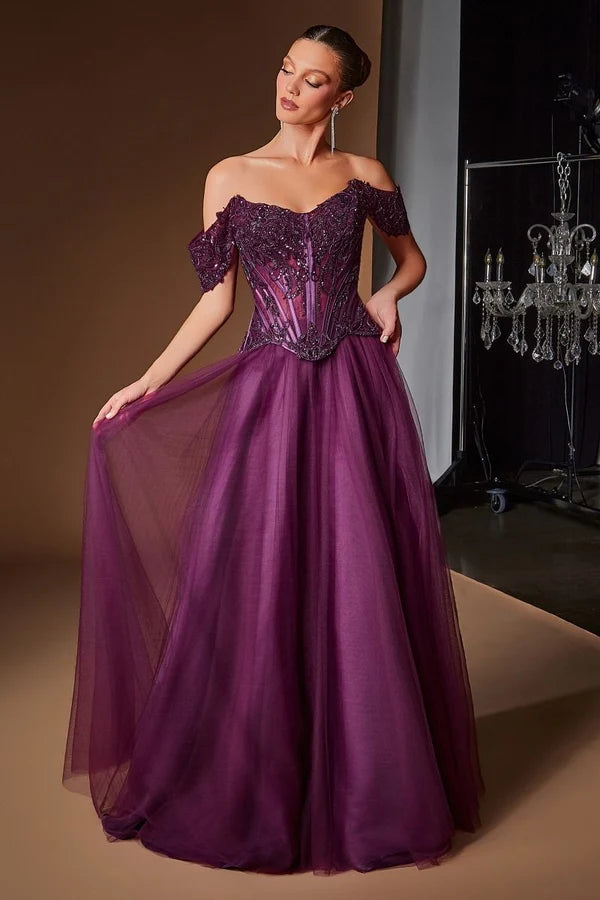 Plum A-line Sweetheart Off Shoulder Short Sleeve Laceup Floor Prom Gown