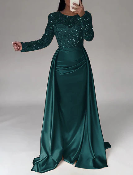 Mermaid Sequin Evening Gown Ruched Satin Dress Long Sleeves Floor Length Sparkle Illusion Neck Prom Wedding Guest Dress