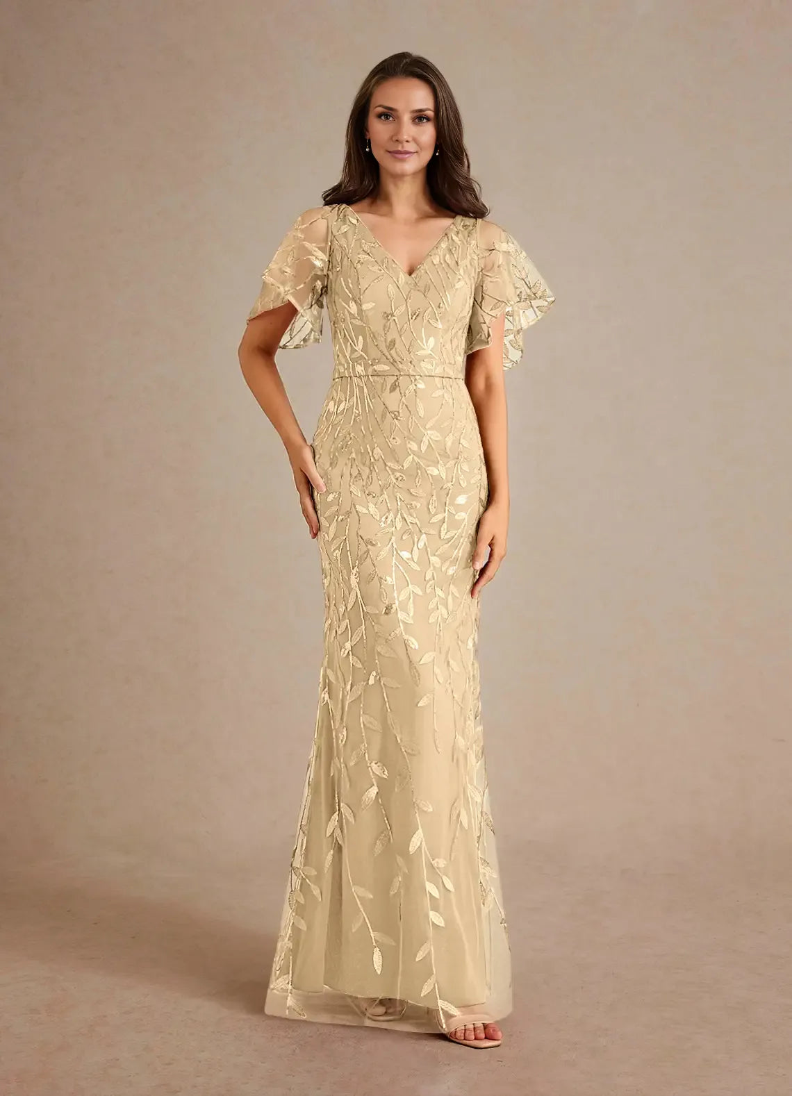 Weitese Dress Champagne Sheath Sequins Mother of the Groom Dresses Elegant V-Neck Flutter Sleeves Tulle Evening Dress