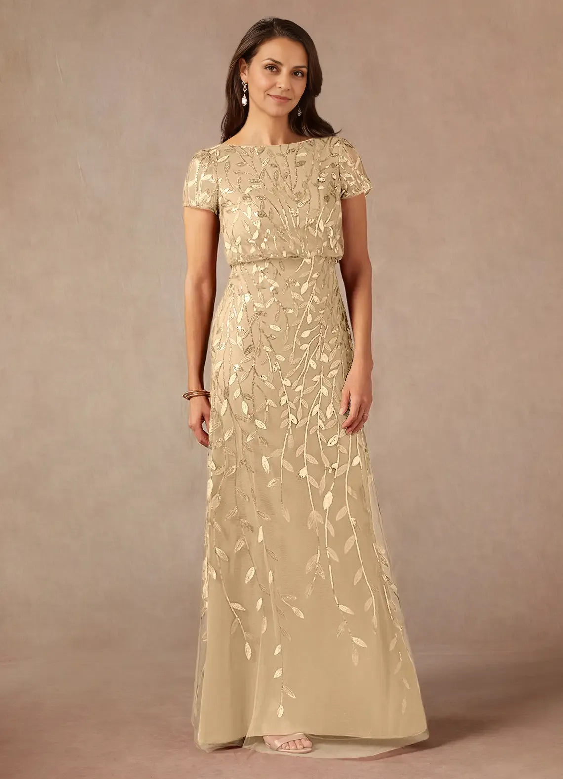 Weitese Dress Dark Navy A-Line Sequins Maxi Dress Elegant Boat Neck Short Sleeves Back Zip Mother of the Bride Dress