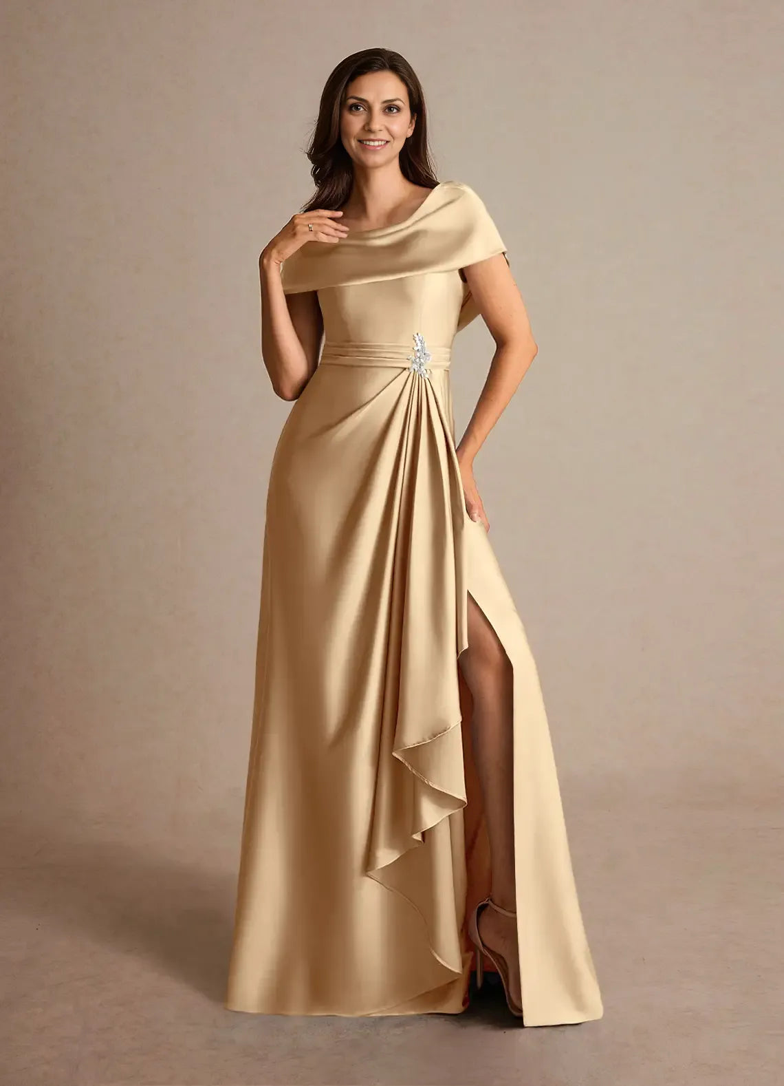 Weitese Dress Dusty Sage A-Line Pleated Satin Maxi Dress Fashion Cap Sleeves Cowl Back Mother of the Bride Dress