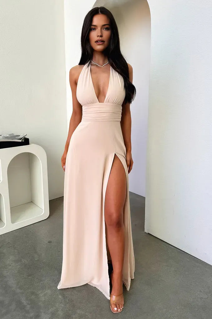 Sexy Sheath V Neck Sleeveless Satin Backless Floor-Length Prom Dress