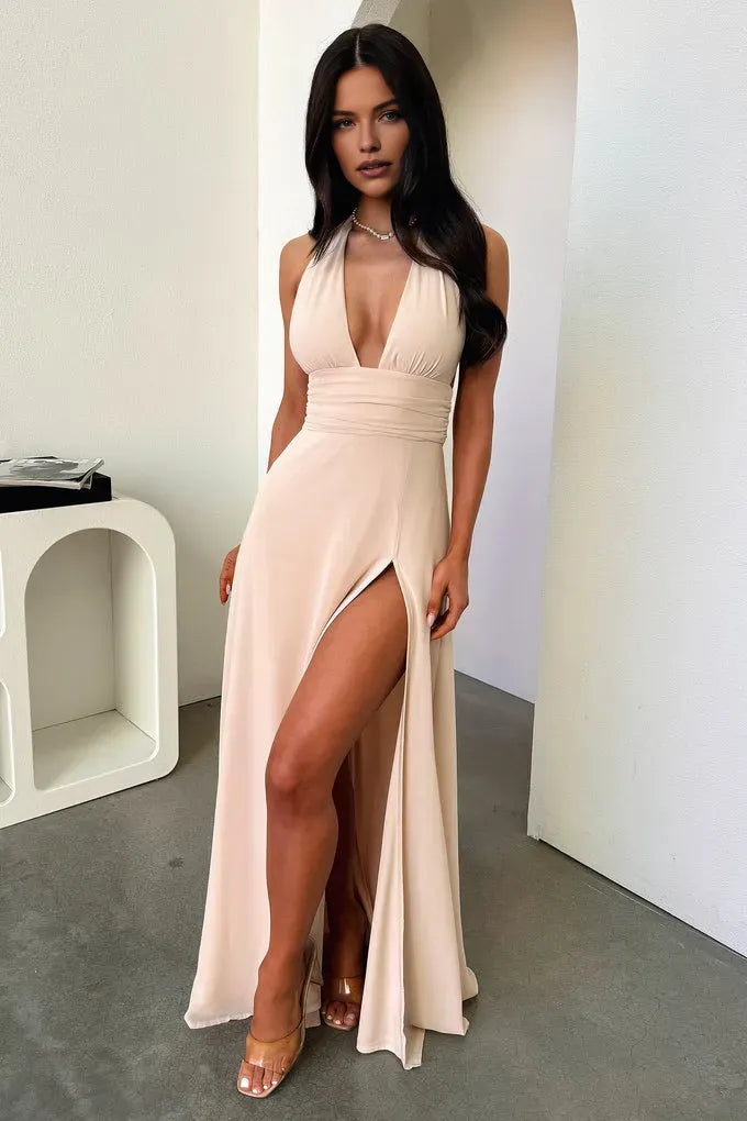 Sexy Sheath V Neck Sleeveless Satin Backless Floor-Length Prom Dress