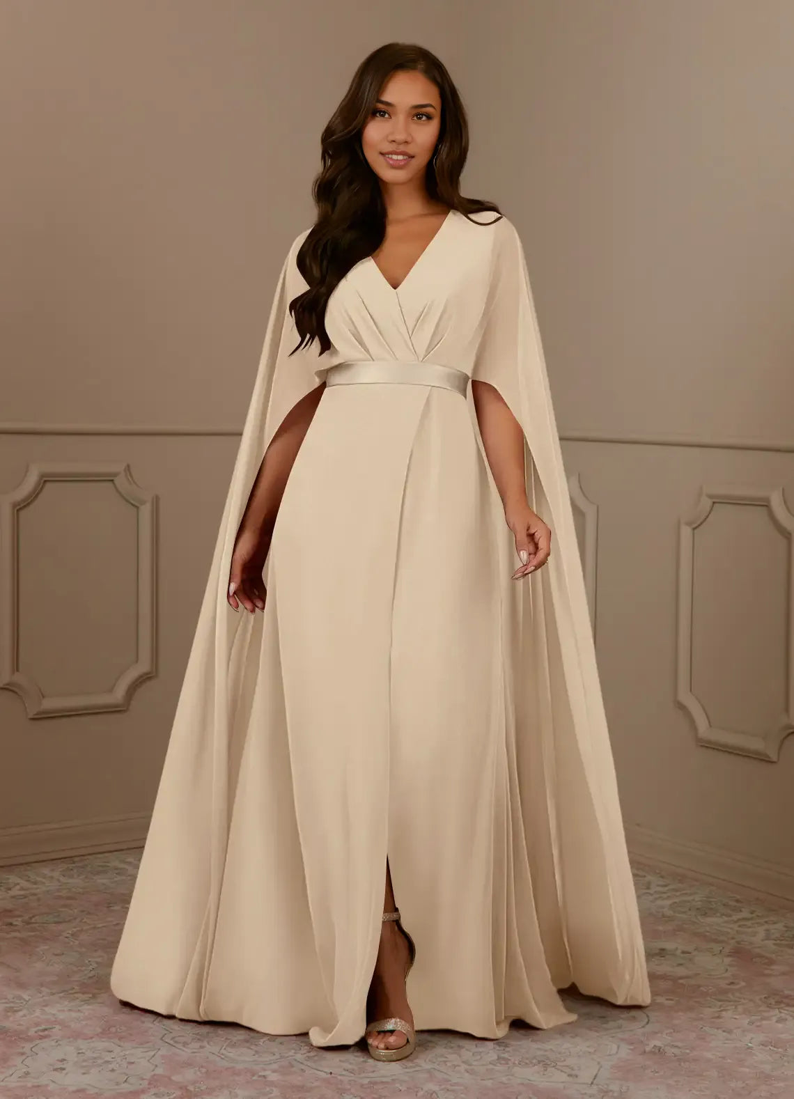 Robe Weitese bleu marine foncé, col en V, mousseline plissée, coupe trapèze, robe de soirée pour mère de la mariée, minimaliste, manches cape, fermeture éclair au dos, grande taille 