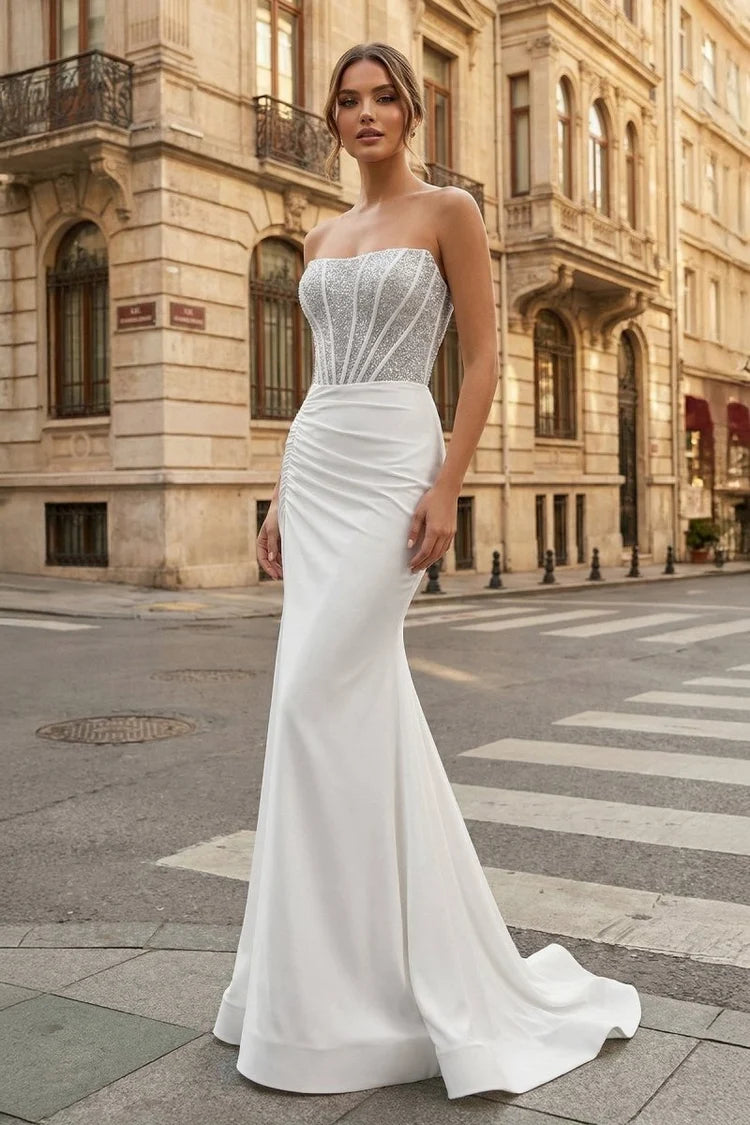 Ivory Satin & Sequin Mesh Mermaid Straight Across Lace-Up Back Floor-Length Dress