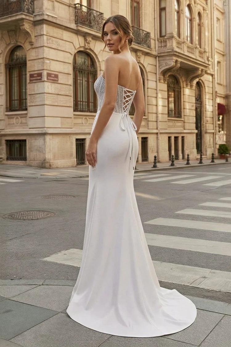 Ivory Satin & Sequin Mesh Mermaid Straight Across Lace-Up Back Floor-Length Dress