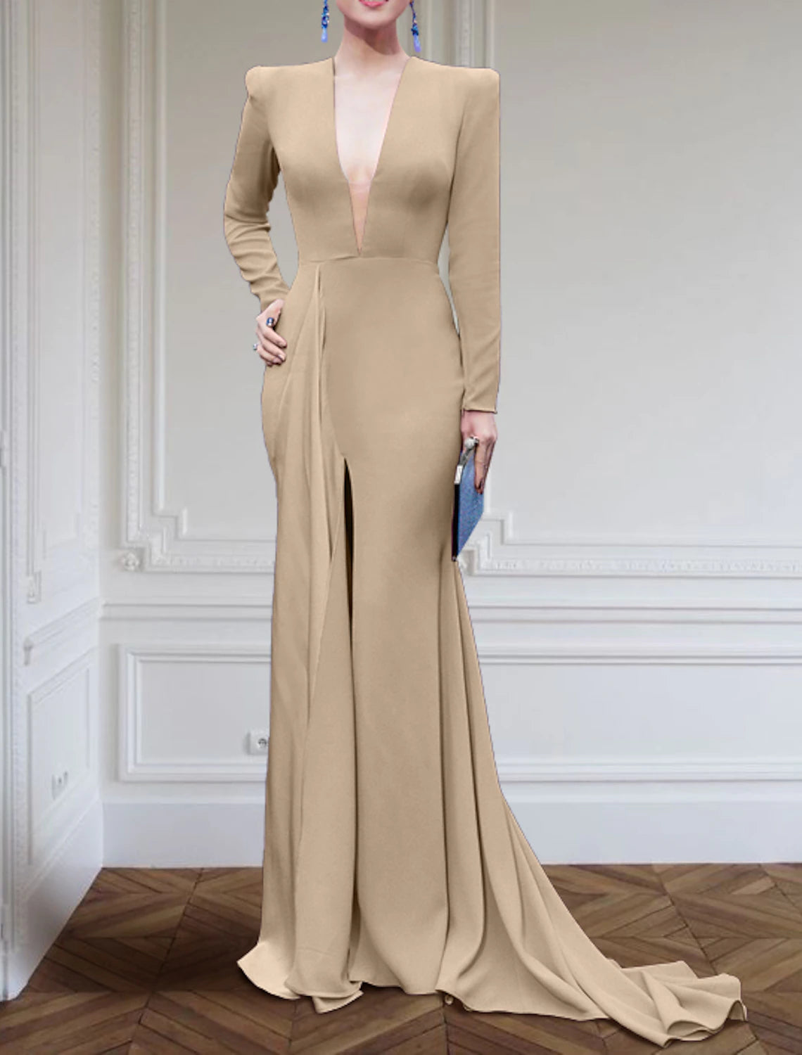 Robe de soirée trapèze élégante robe noire champagne grande taille robe formelle balayage / pinceau traîne manches longues col en V tissu extensible
