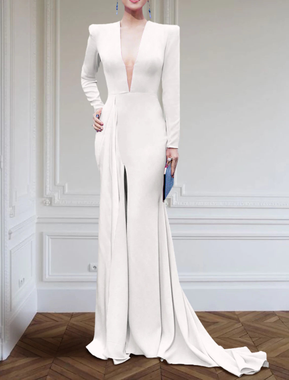 Robe de soirée trapèze élégante robe noire champagne grande taille robe formelle balayage / pinceau traîne manches longues col en V tissu extensible