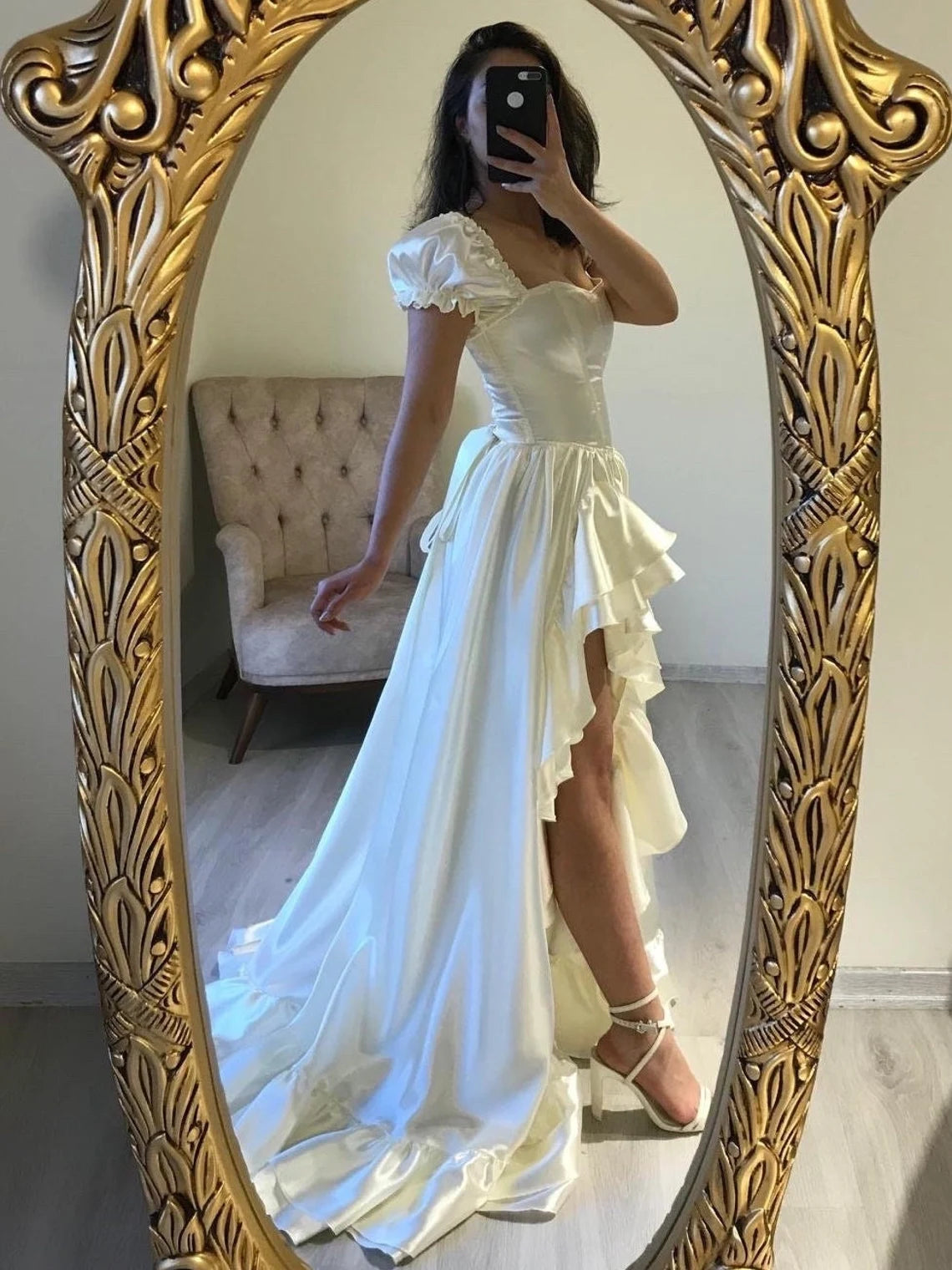 Robe de soirée de bal, style princesse, coupe trapèze, élégante, volants sur les côtés, longueur au sol, col carré 