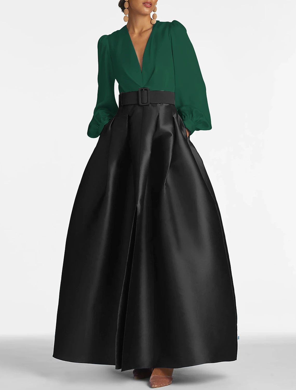 A-Line Satin Green Dress Formal Wedding Guest Dress Elegant Evening Gown High Split Pocket Long Sleeve Floor Length Color Block V Neck Belt