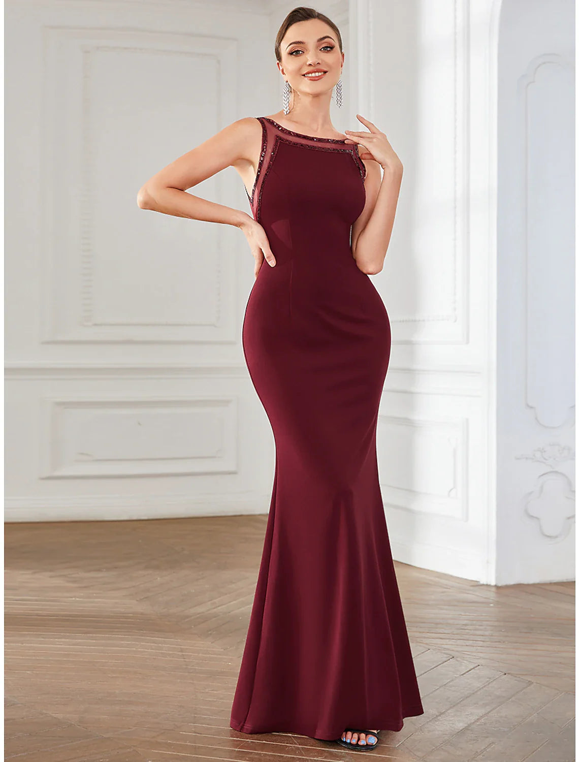 Mermaid / Trumpet Party Dresses Elegant Dress Party Wear Floor Length Sleeveless Jewel Neck Polyester