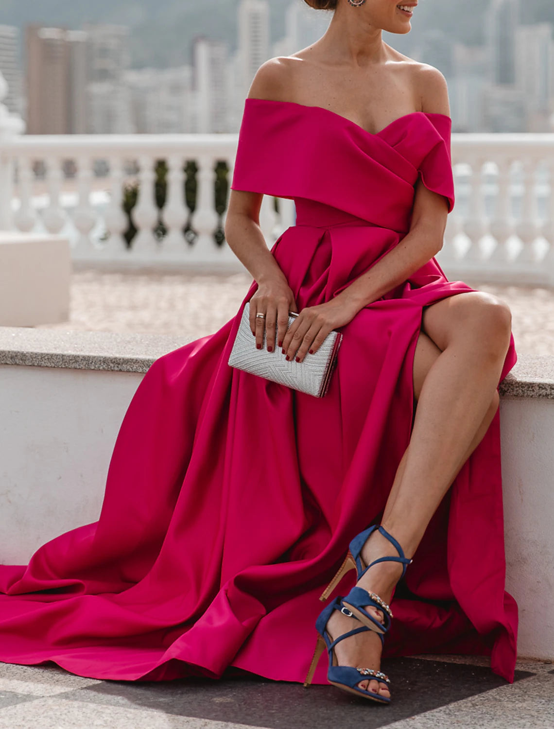 A-Line Evening Gown Party Dress Celebrity Style Dress Formal Wedding Court Train Sleeveless Off Shoulder Bridesmaid Dress Satin