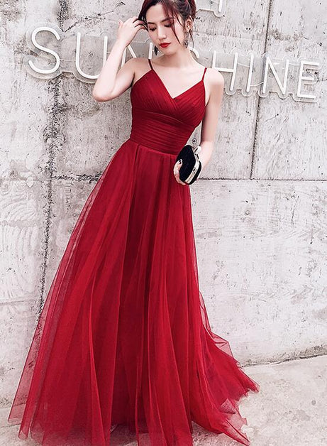 Wine Red Spaghetti Strap V Neck Ruched Tulle A Line Prom Dress