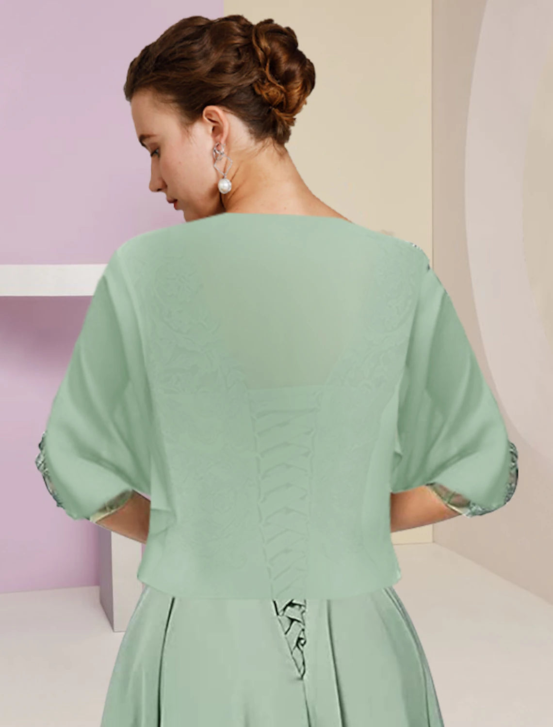 Robe mère de la mariée deux pièces Weitese, coupe trapèze, élégante, col rond, asymétrique, longueur thé, mousseline, dentelle, manches mi-longues, avec appliques de perles