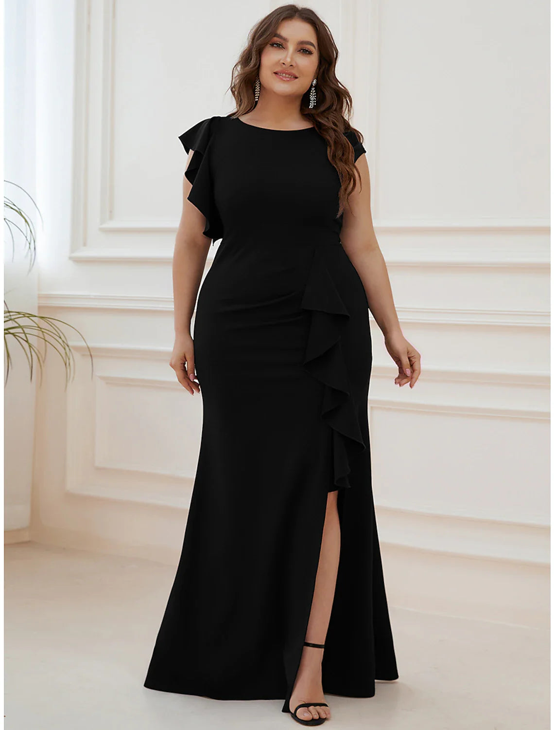 Evening Gown Vintage Dress Formal Floor Length Short Sleeve Jewel Neck Nylon with Ruffles Slit