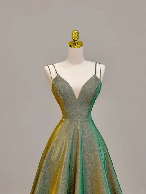 Forest Green Glitter Fabric A-Line Plunging V-Neck V-Back Floor-Length Dress