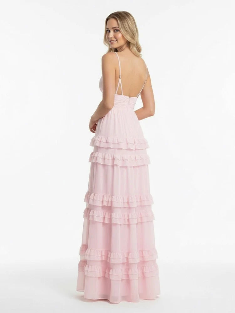 Blushing Pink Chiffon Tiered V-Neck Low Back Floor-Length Dress