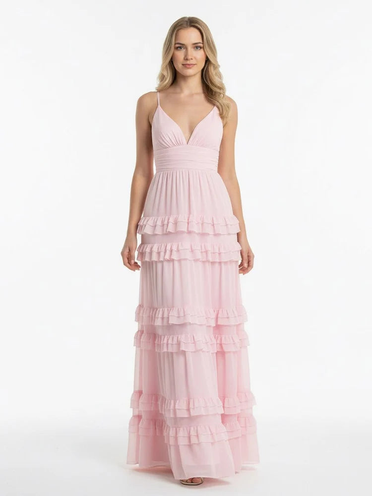 Blushing Pink Chiffon Tiered V-Neck Low Back Floor-Length Dress