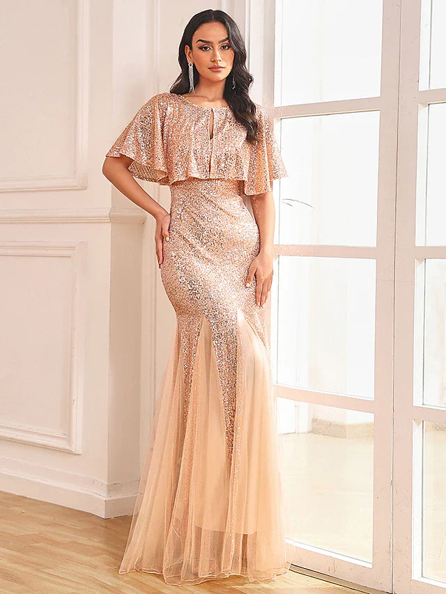 Two Piece Mermaid / Trumpet Party Dresses Sparkle & Shine Dress Prom Floor Length Sleeveless V Neck Capes Tulle V Back