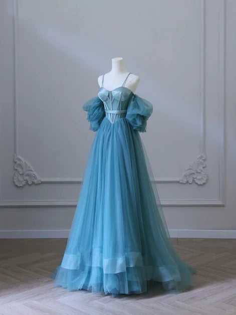 Dusty Blue Tulle and Satin A-Line Sweetheart Lace-Up Back Floor-Length Dress