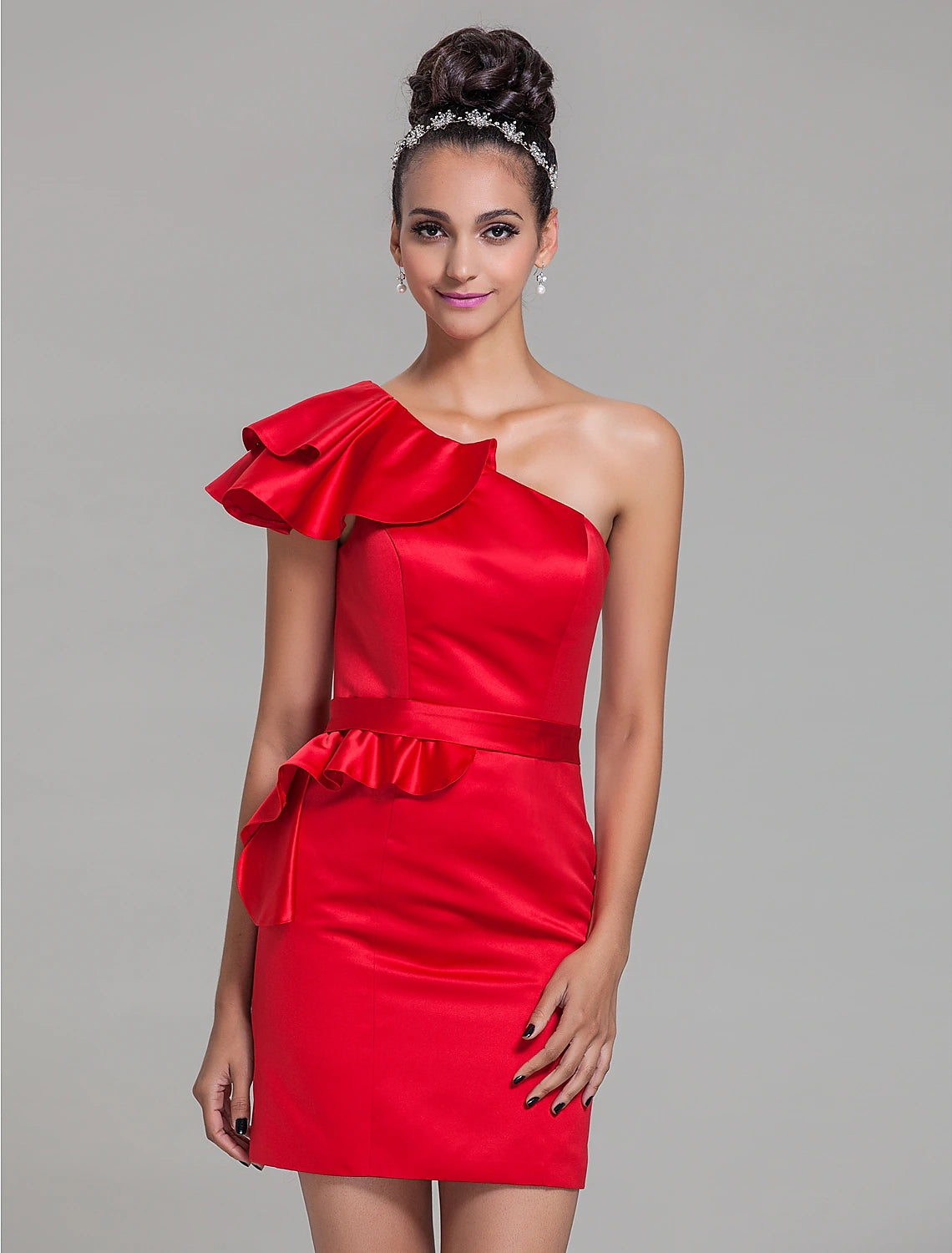 Weitese Sheath / Column One Shoulder Short / Mini Satin Bridesmaid Dress with Sash / Ribbon / Ruffles