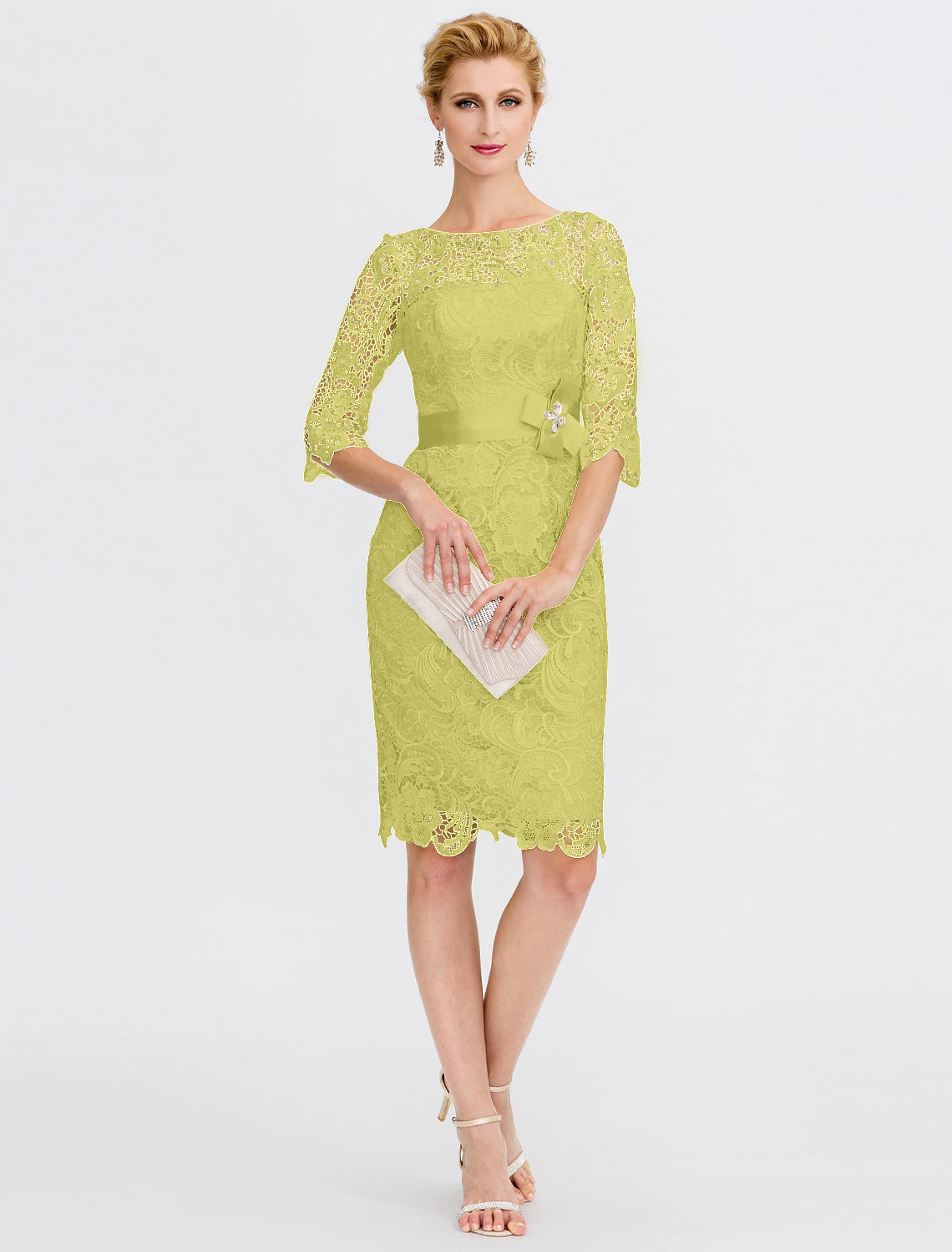 Robe de mère de la mariée fourreau/colonne Weitese, grande taille, élégante, col illusion, longueur genou, dentelle intégrale, manches 3/4 avec nœud(s)