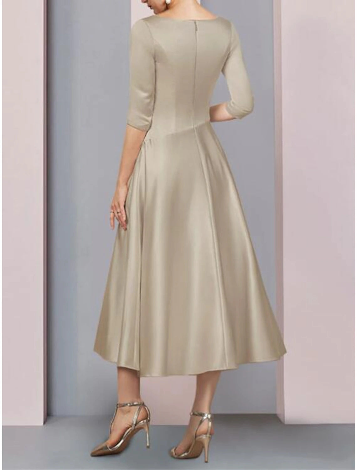 Weitese A-Line Mother of the Bride Dress Wedding Guest Vintage Elegant Formal Party 3/4 Sleeve Satin V Neck Tea Length with Pleats