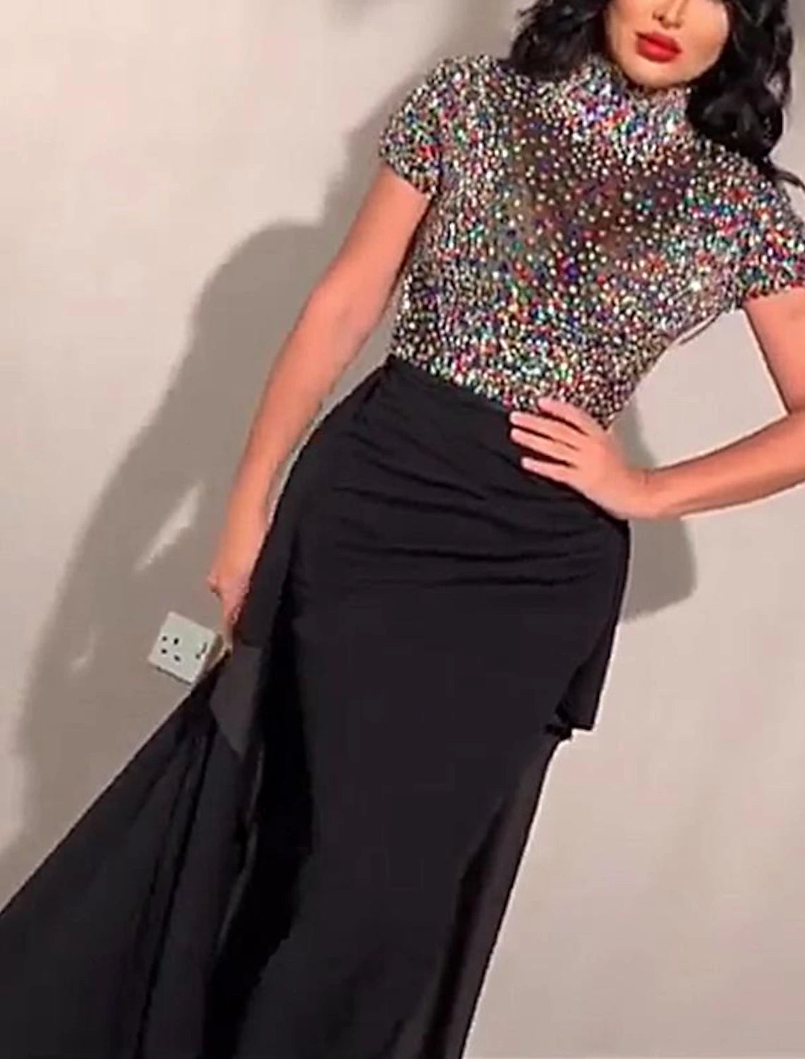 Weitese Women's Black Sequin Dress Prom Dress Party Dress Sparkly Dress Long Dress Maxi Dress Black Short Sleeve Color Block Summer Spring Fall Turtleneck Fashion Evening