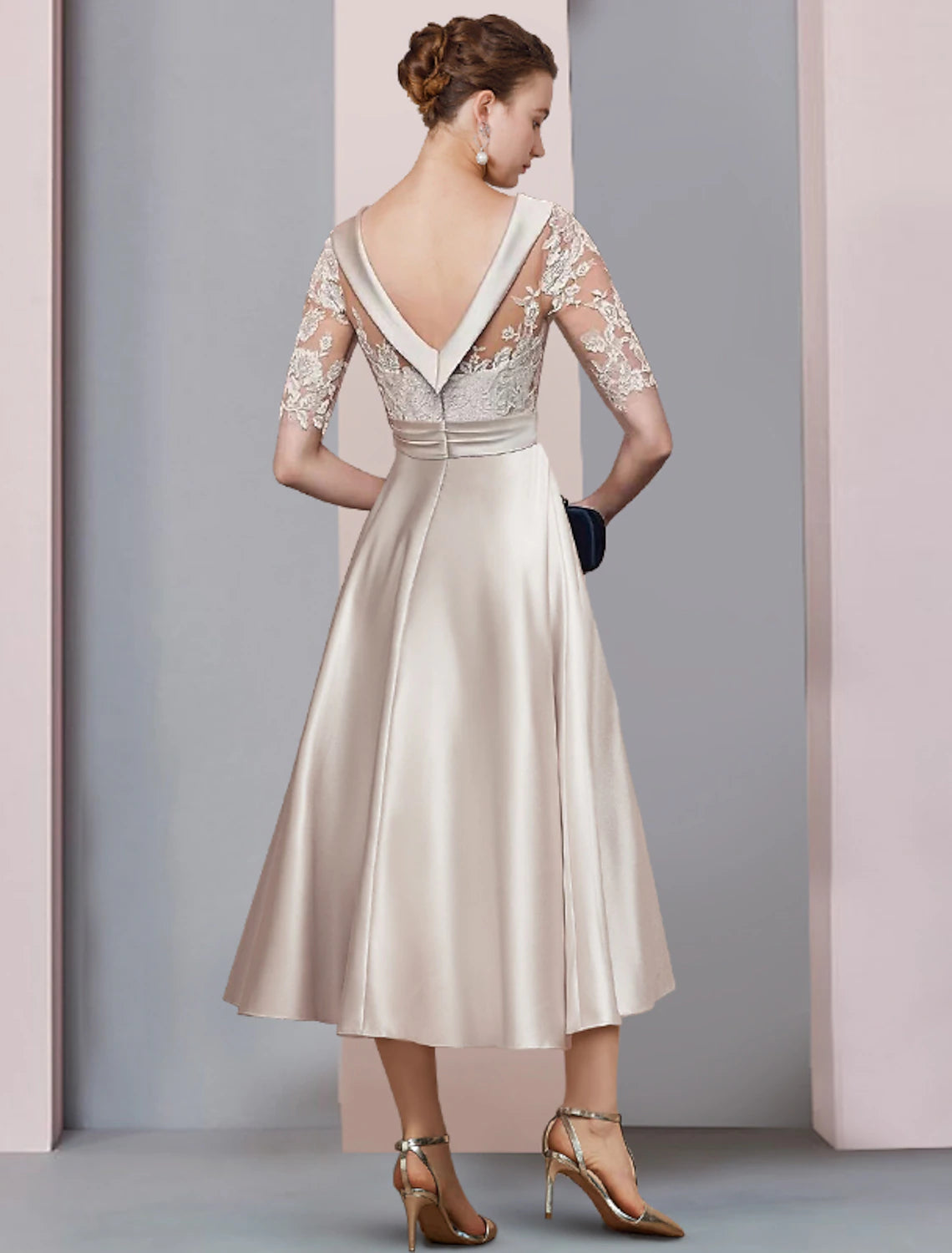 Weitese Mother of the Bride Dress A-Line Fall Wedding Guest Dresses Vintage Elegant Scoop Neck Tea Length Satin Lace Half Sleeve with Ruched Appliques