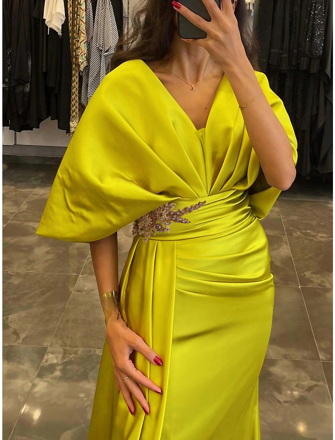Weitese Sheath / Column Evening Gown Elegant Dress Formal Sweep / Brush Train Half Sleeve V Neck Satin with Pleats Ruched Crystals