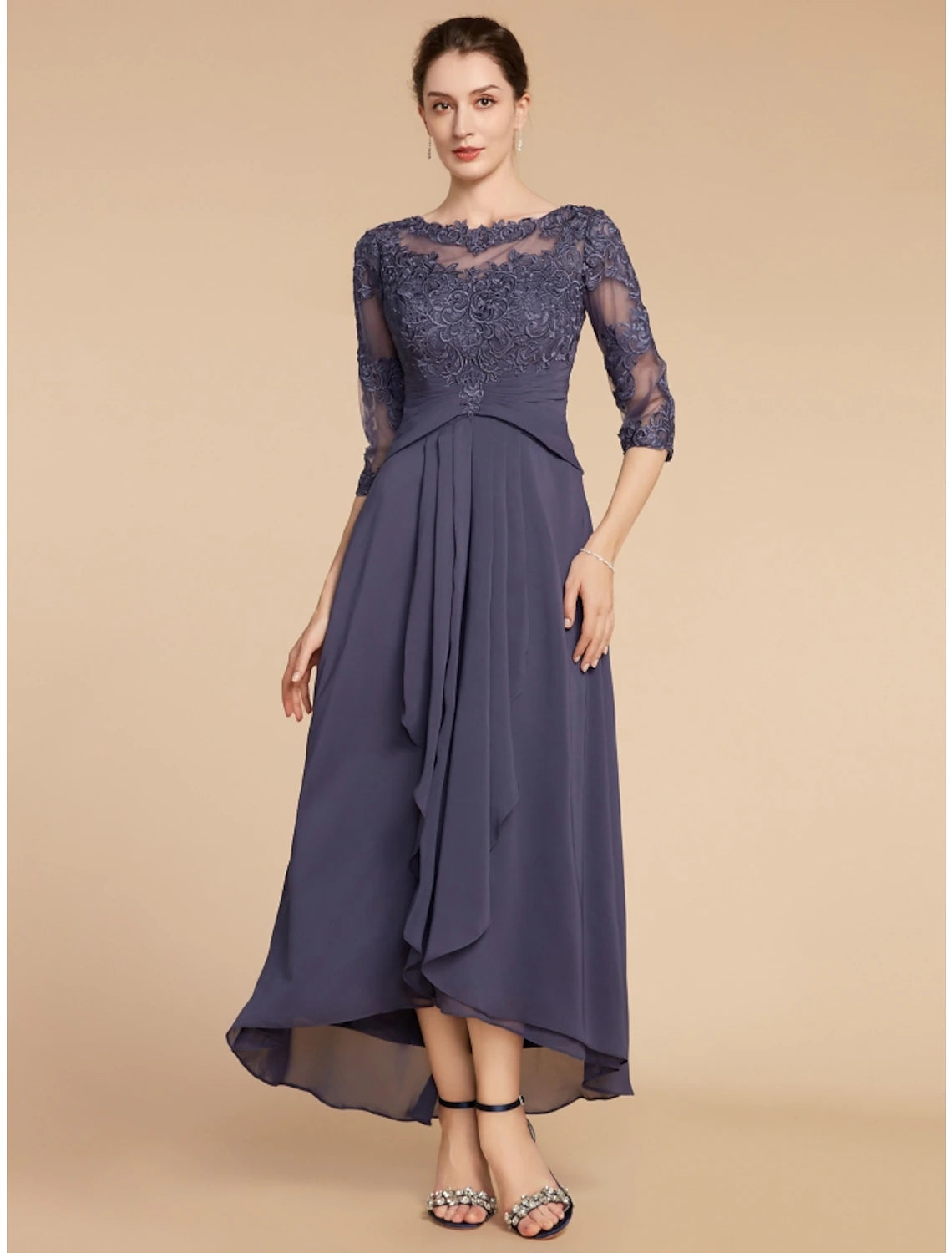 Weitese A-Line Mother of the Bride Dress Wedding Guest Elegant Scoop Neck Ankle Length Chiffon Lace 3/4 Length Sleeve with Ruching Solid Color