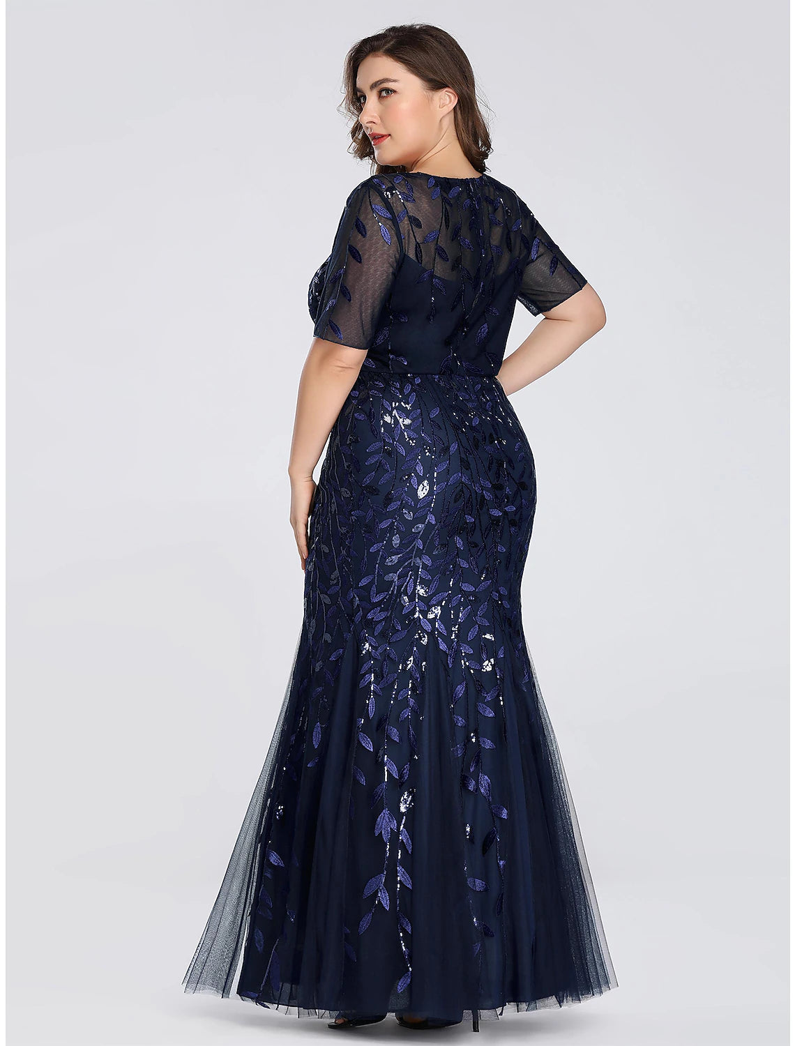 Robe de soirée sirène/trompette Weitese grande taille, robe de soirée formelle, longueur au sol, manches courtes, col bijou, en tulle, dos échelle avec appliques à paillettes