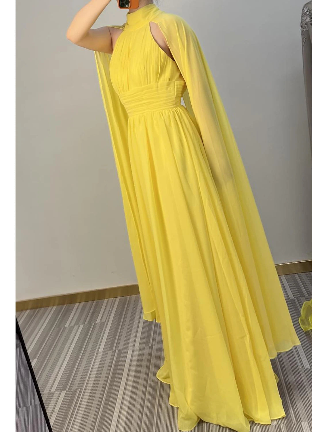 A-Line Evening Gown Elegant Dress Formal Wedding Guest Floor Length Sleeveless High Neck Capes Chiffon