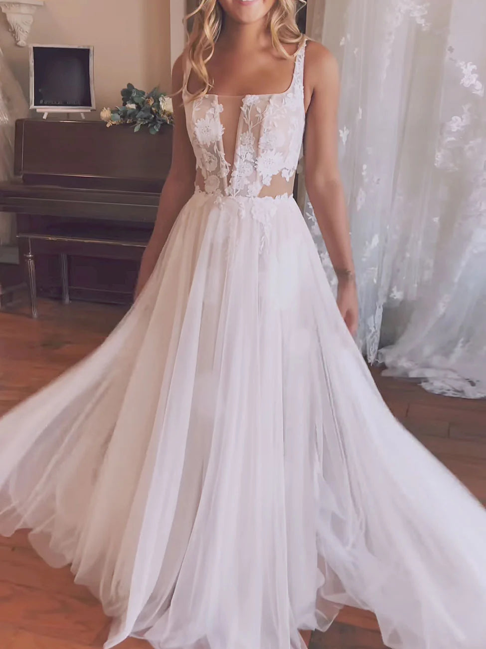 Aline Chiffon Lace White Long Prom Dress