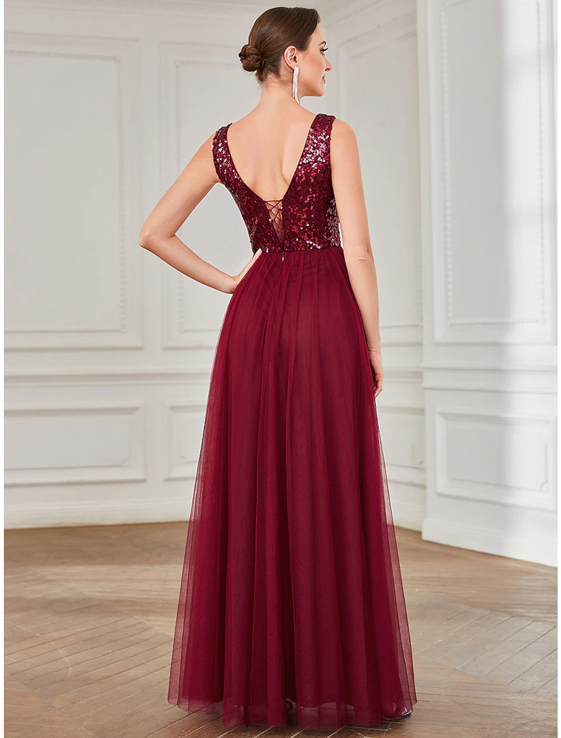 Weitese A-Line Party Dresses Sparkle & Shine Dress Wedding Guest Birthday Floor Length Sleeveless Jewel Neck Tulle with Sequin