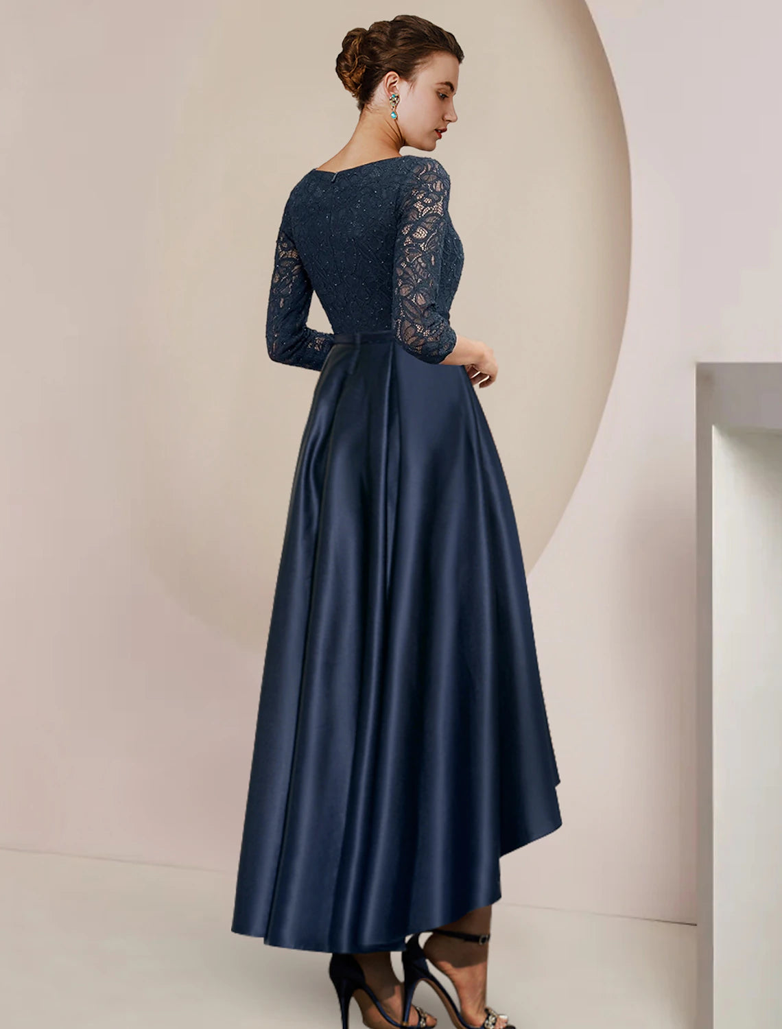 Weitese A-Line Mother of the Bride Dress Formal Wedding Guest Elegant High Low Scoop Neck Asymmetrical Tea Length Satin Lace 3/4 Length Sleeve with Pleats Beading