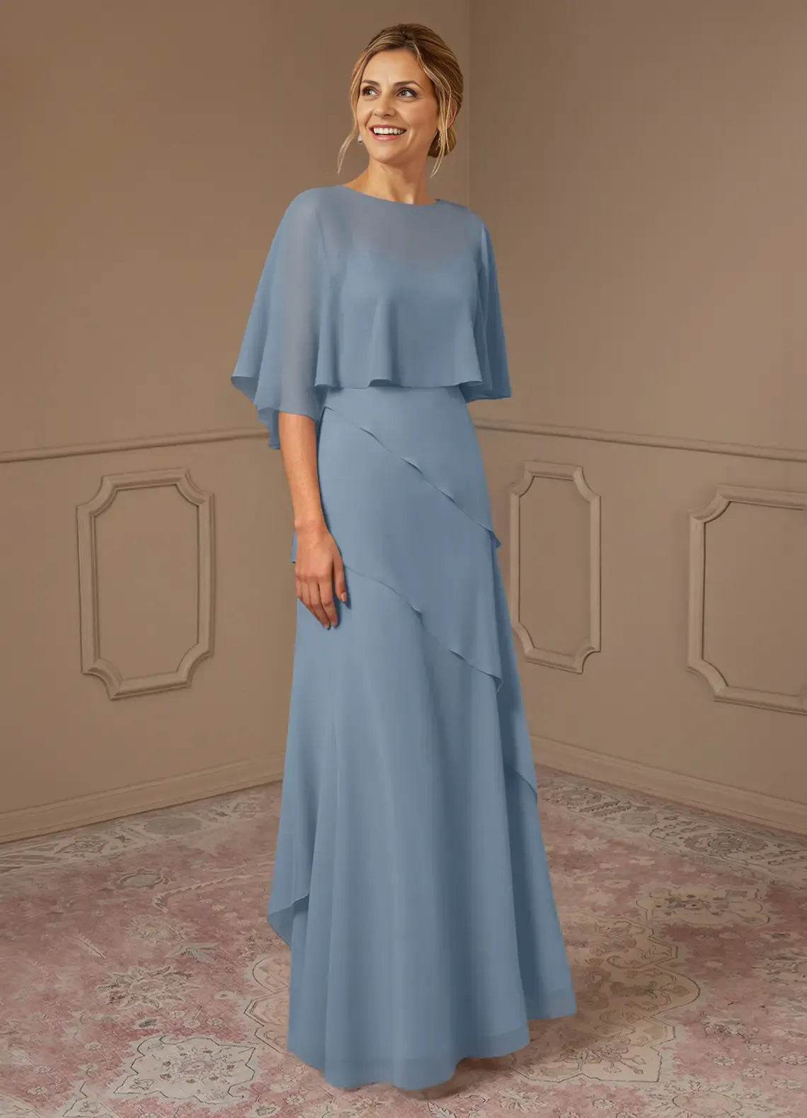 Weitese Dress A-Line Scoop Neck Chiffon Dress Mother Of The Bride Dresses Elegant Cap Sleeves Capelet Evening Dress