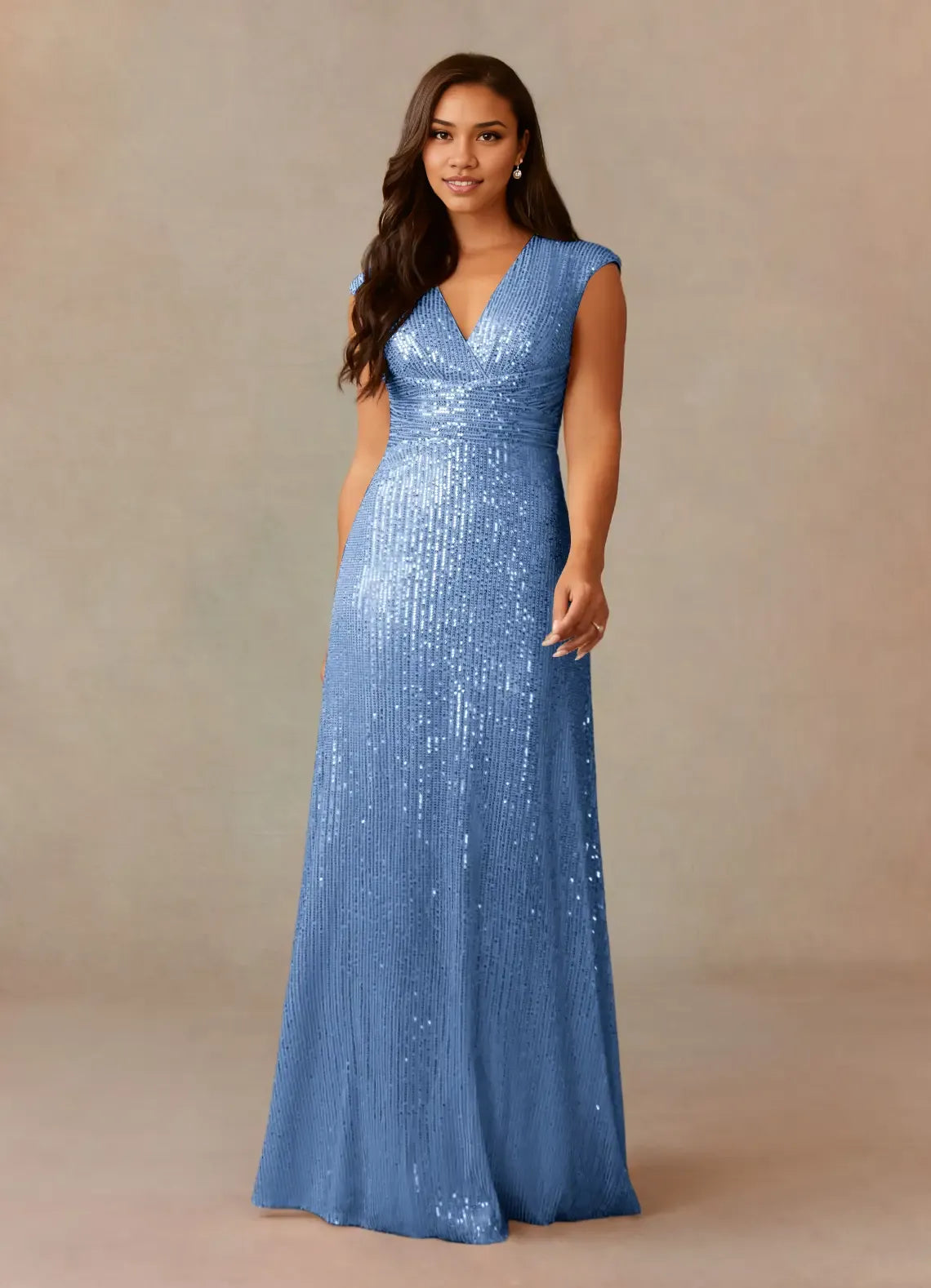 Weitese Dress Champagne A-Line V-Neck Ruched Sequins Mother Of The Bride Dresses Cap Sleeves Back Zip Ruffle Evening Dress