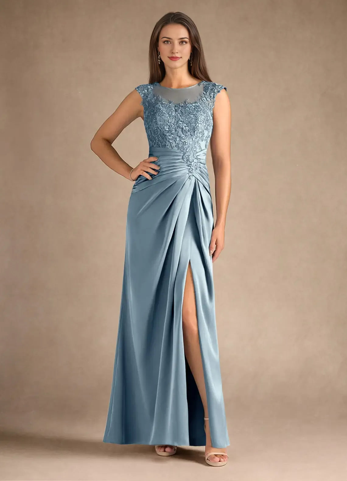 Weitese Dress Steel Blue Sheath Pleated Satin Mother of the Groom Dresses Elegant Scoop Neck Sleeveless Leg Slit Evening Dress