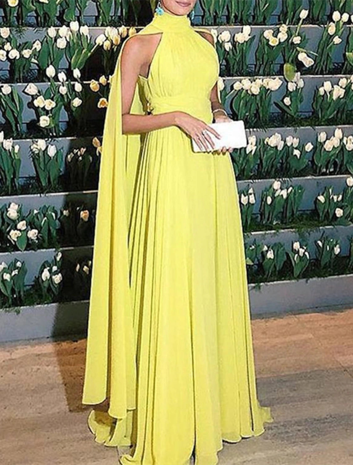 A-Line Evening Gown Elegant Dress Formal Wedding Guest Floor Length Sleeveless High Neck Capes Chiffon