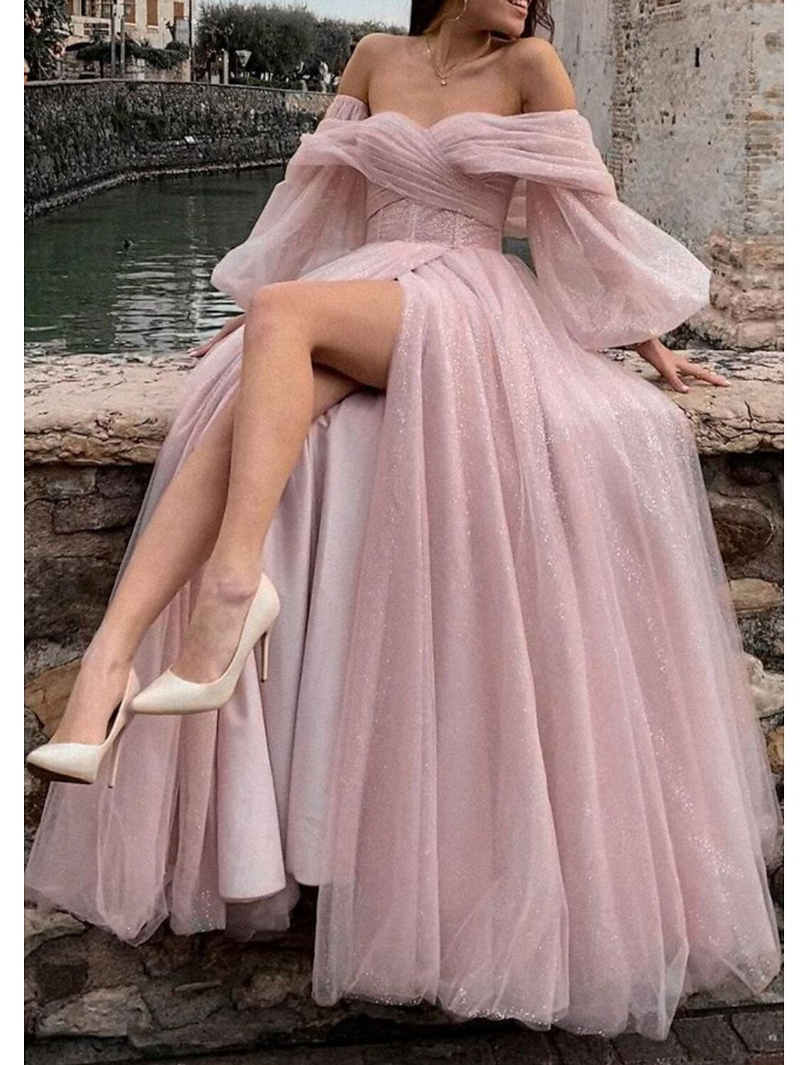 A-Line Evening Dresses Corsets Dress Formal Wedding Party Dress Floor Length Long Sleeve Off Shoulder Tulle
