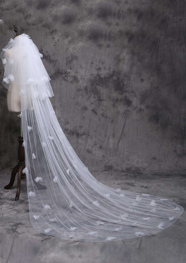 Three-tier Cathedral Bridal Veils With Faux Pearl Petal