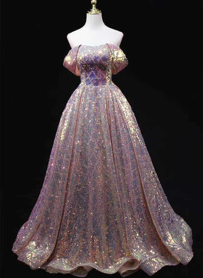 Vestido de fiesta largo de corte A con hombros descubiertos y lentejuelas rosas