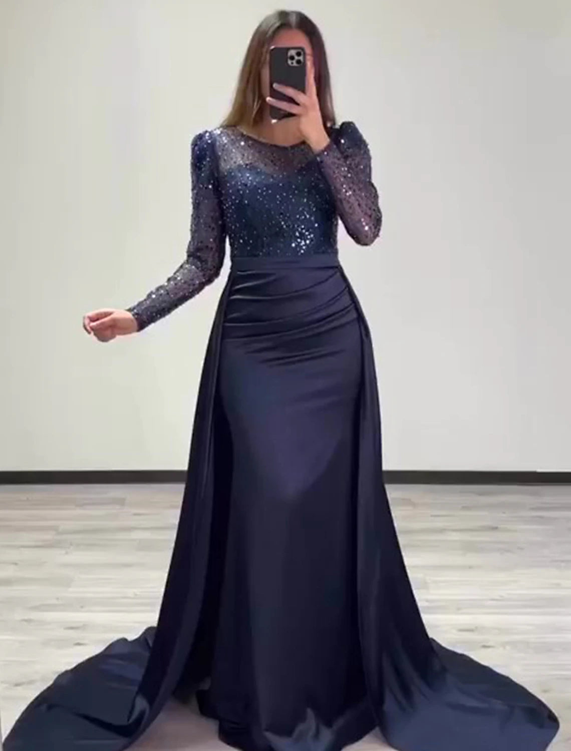 Mermaid Sequin Evening Gown Ruched Satin Dress Long Sleeves Floor Length Sparkle Illusion Neck Prom Wedding Guest Dress