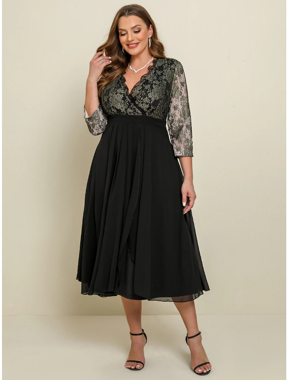 Robe noire pour femme, robe de bal, robe en dentelle noire, grande taille, robe de soirée, robe trapèze, robe longue à fleurs, robe longue, manches 3/4, patchwork, col en V, robe d'invitée de mariage