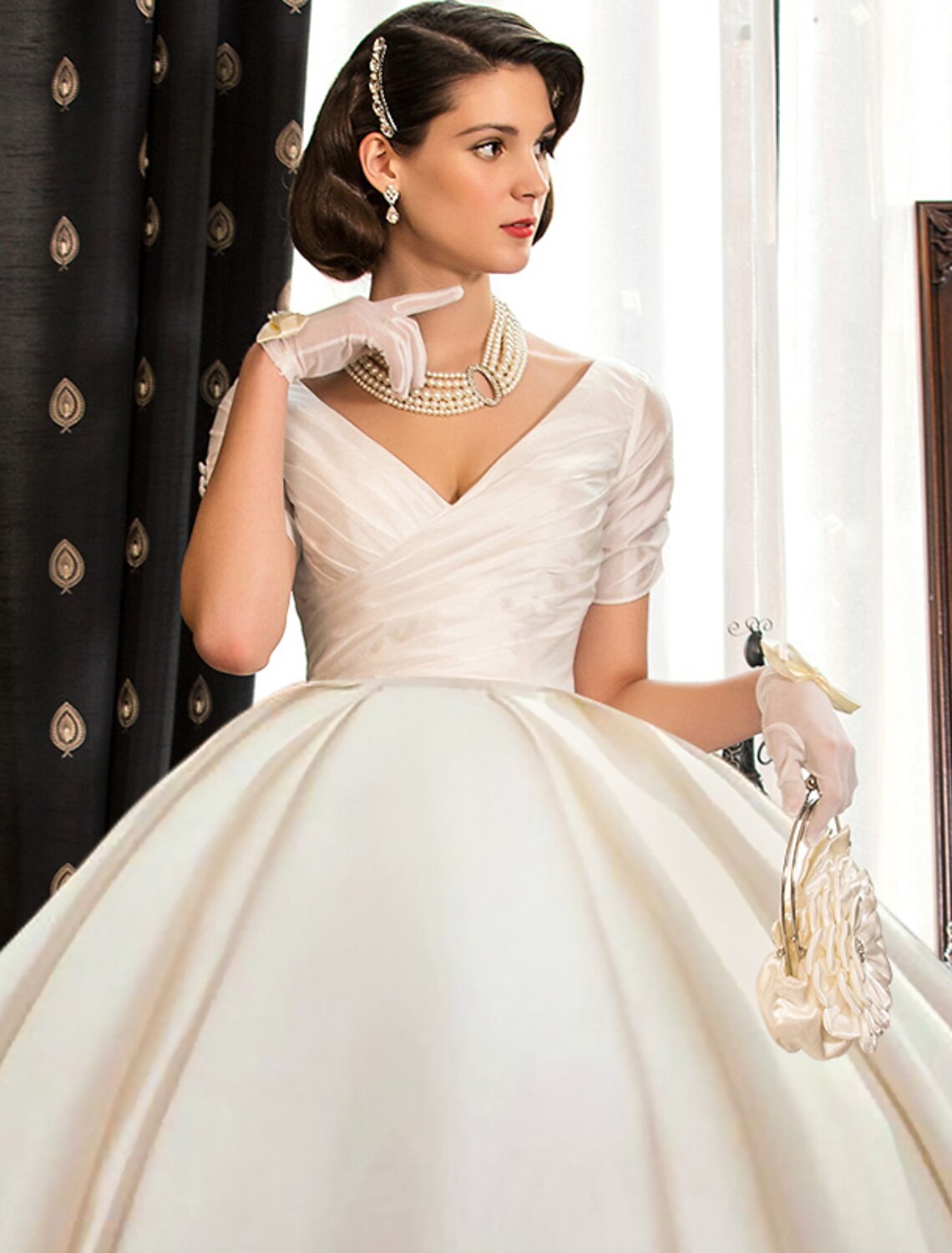 Elegant Satin Ball Gown V-Neck Short Sleeve Ruched Court Train Wedding Dress